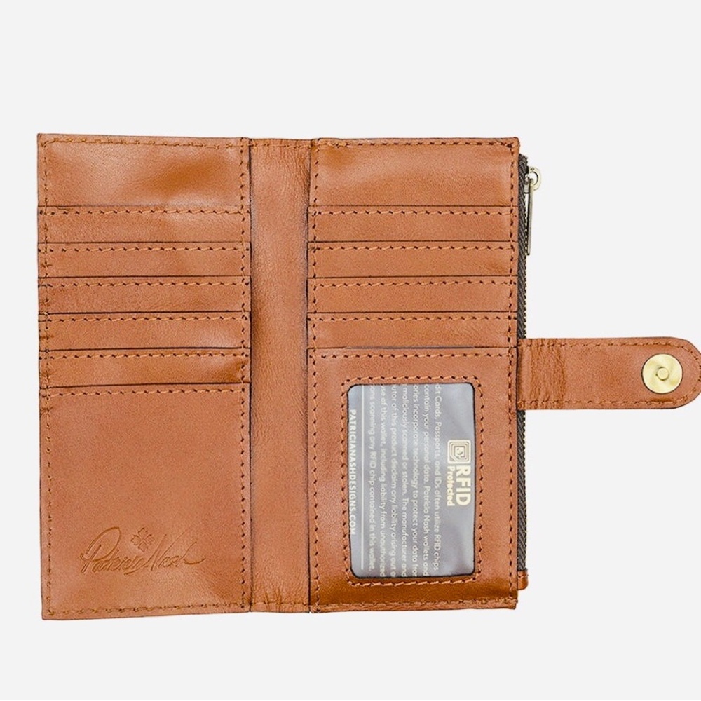 Patricia Nash Nazari Cognac Brown Leather RFID Wallet with Zip and Snap - Picture 9 of 10